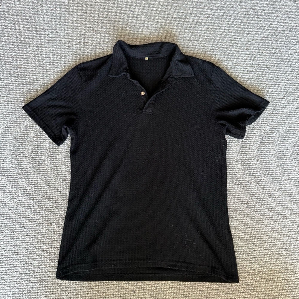Men's Short Sleeve Polo Button Down Collar Medium Light Black Waffle Texture